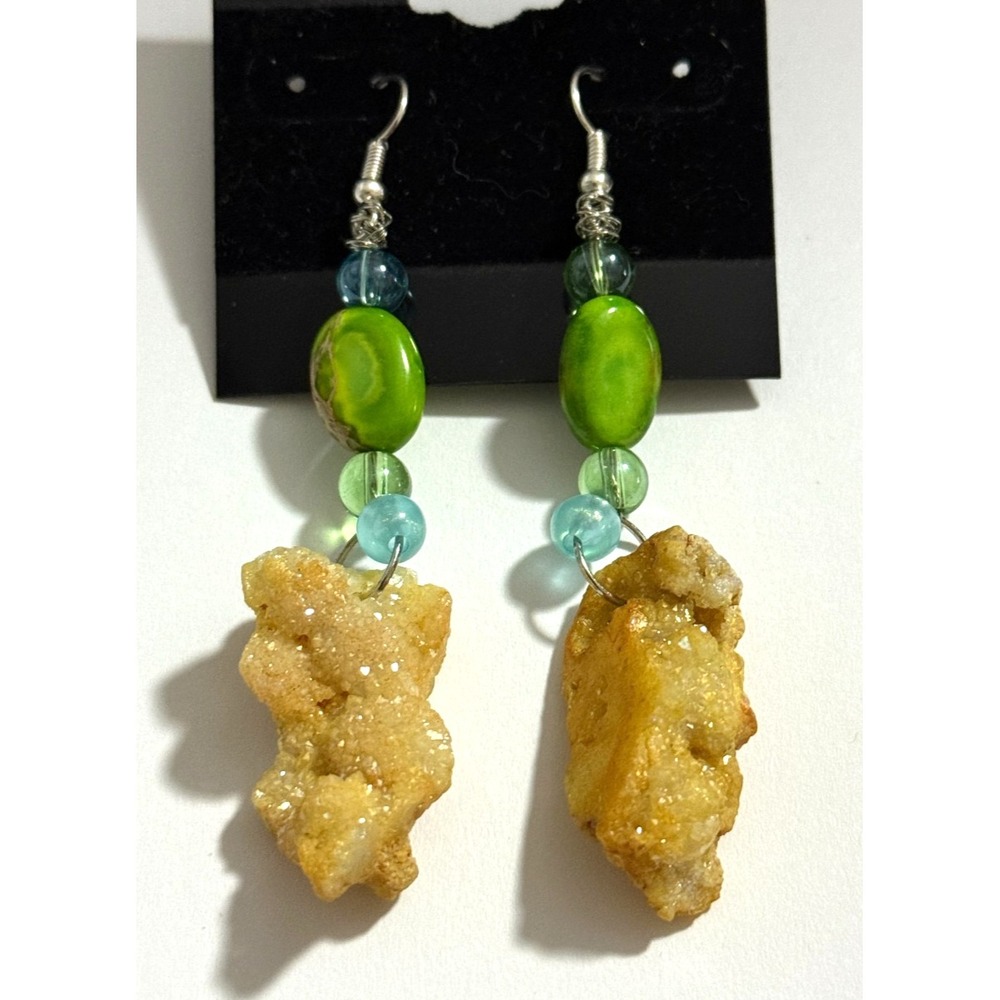 Handmade yellow geode green earrings‎ jewelry bohemian fairy core pierced ears